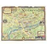 After Wilfrid Rene Wood (British, 1888-1976): map of Stamford, a six colour lithograph, signed and