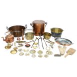 A collection of copper and brass items, including three jam pans, a saucepan, hot water urn, tray,