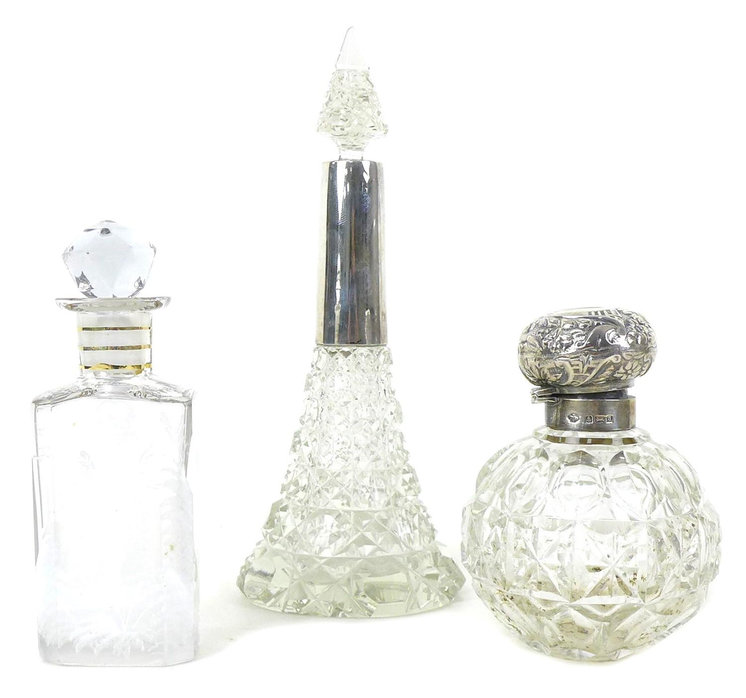 Two silver mounted cut glass dressing table bottles, together with a Mary Gregory style pate-sur-