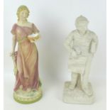 Two early 20th century figurines, comprising a standing female with head scarf, 13 by 12.5 by 38cm