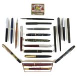 A collection of vintage fountain pens, including a Brenna with 14ct gold nib which extends out