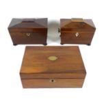 A group of three 19th century wooden boxes, comprising two sarcophagus shaped tea caddies, 22 by