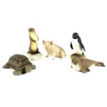 A group of five Aynsley porcelain animal figures, comprising Otter, 15.5cm high, Piggy, 10cm high,