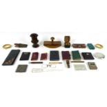 A group of vintage collectables including a leather bound travelling inkwell, 5 by 5 by 4.5cm