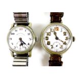 Two Edwardian mid sized gentleman's wristwatches, comprising a West End Watch Co Secundus chromed