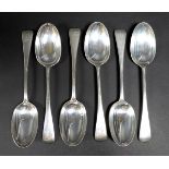 A set of six Edwardian silver dessert spoons, Old English pattern, each terminal engraved 'J', all