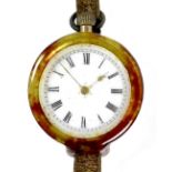 A Swiss 9ct gold cased lady's pocket watch, open faced, keyless wind, white enamel dial with black