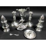 A group of Victorian and later silver, comprising a pair of Victorian octagonal urn form condiments,