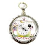 An early 19th century Continental white metal verge fusee pocket watch, open faced, key wind,