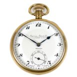 An Art Deco Rolex 9ct gold cased pocket watch, open faced, keyless wind, the white enamel dial
