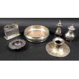 A collection of Victorian and later silver, including a silver pepperette, lobed baluster body