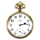 An American Ball Watch Co gold plated pocket watch, circa 1918, open face, keyless wind