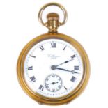 A gold plated Waltham pocket watch, keyless wind, with Roman numerals and subsidiary dial,