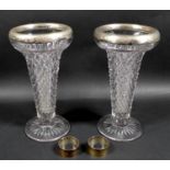 A pair of George V silver rimmed moulded glass vases, John Grinsell & Sons, Birmingham 1925, 13 by