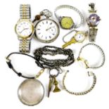 A silver cased pocket watch and Albert together with group of five wristwatches and a key shaped '