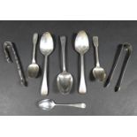 Eight pieces of George III and later silver flatware, comprising three old English pattern dessert
