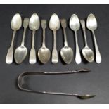 A collection of George III and later silver flatware, three teaspoons, with terminals engraved 'I E'