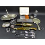 A collection of silver plated items including a rectangular cigarette box, engraved presentation