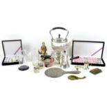 A mixed collection of metal, and glass and ceramics, including an Edwardian silver backed hand