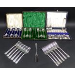 A collection of Silver and silver plated cased flatware, comprising a George V cased set of six