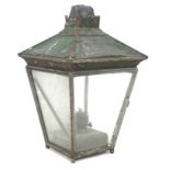 A Victorian green painted metal lantern, with oil / paraffin burner, a/f poor condition and