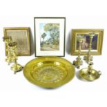 A collection of brass items, including an early 19th century brass chamber stick with candle