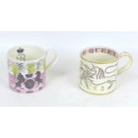 Two Wedgwood 1953 ERII Coronation mugs, one designed by Eric Ravilious with pink and yellow