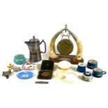 A mixed group of collectables, including a Victorian table gong formed of a pair of horns, with