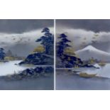 A pair of Japanese watercolours, one of a rural lake landscape, Mount Fuji in the background with