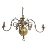 A Victorian brass five branch chandelier, scrolled arms, double orb shaped body, 85 by 85 by 70cm