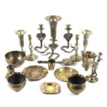 A large collection of brasswares including three Indian brass niello cobra candlesticks, each 14cm