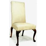 An early Georgian walnut chair, with high squared back, upholstered in cream floral embroidered