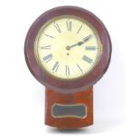 A late Victorian mahogany cased drop dial wall clock with fusee movement, Roman Numeral enamel dial,