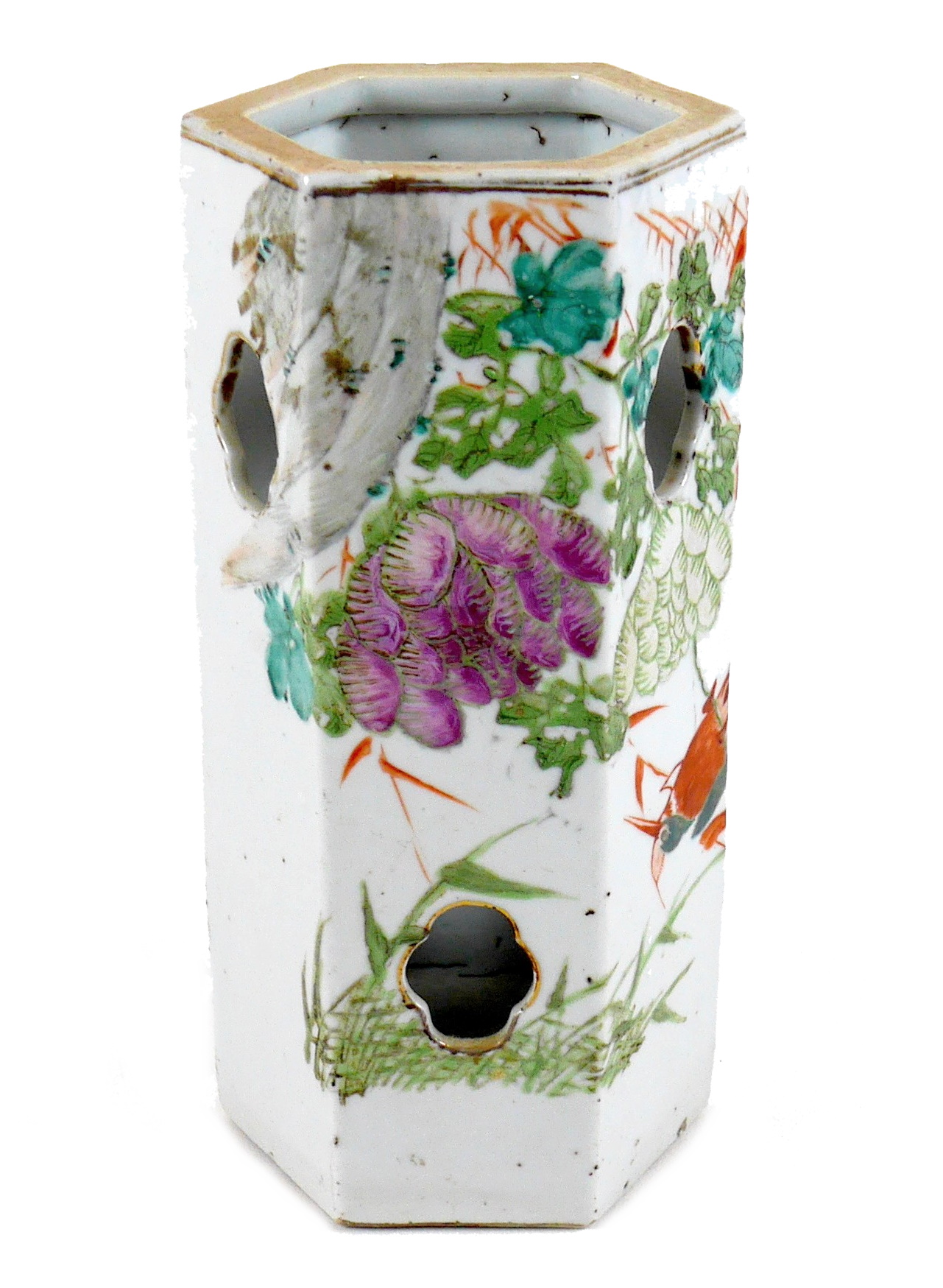 A Chinese Republic porcelain vase, of hexagonal section with reticulated sides, decorated with