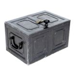 A cast iron strongbox, circa 1900, painted black, with hinged lid and carry handles to side, with