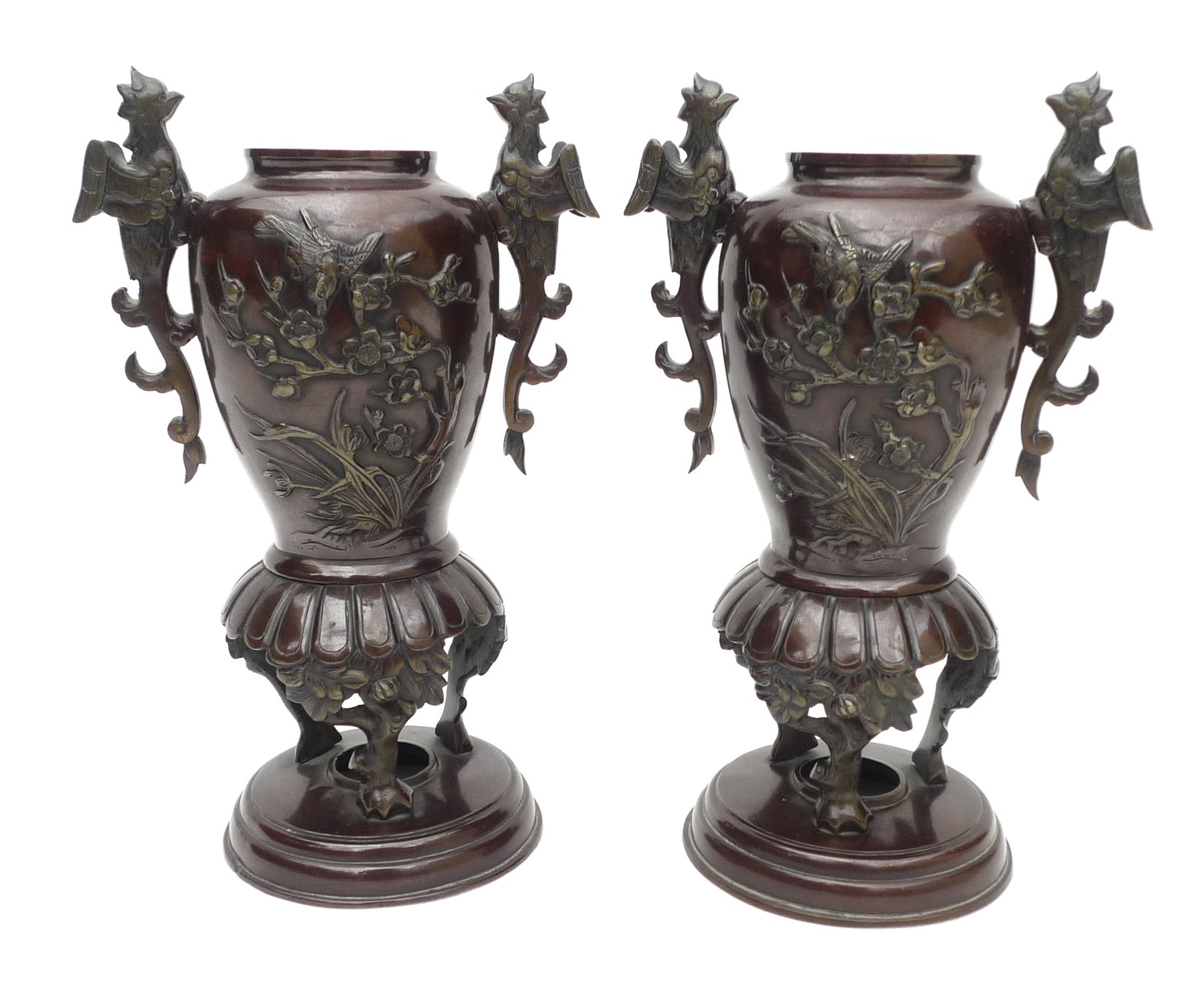 A pair of decorative 20th century bronze vases, decorated with birds in prunus blossom and pheonix - Image 2 of 5