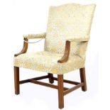 A George III mahogany 'Gainsborough' style open armchair, upholstered in pale blue and gold