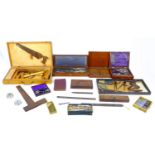 A group of vintage engineering related items, including technical drawing instruments, tools, a 1938