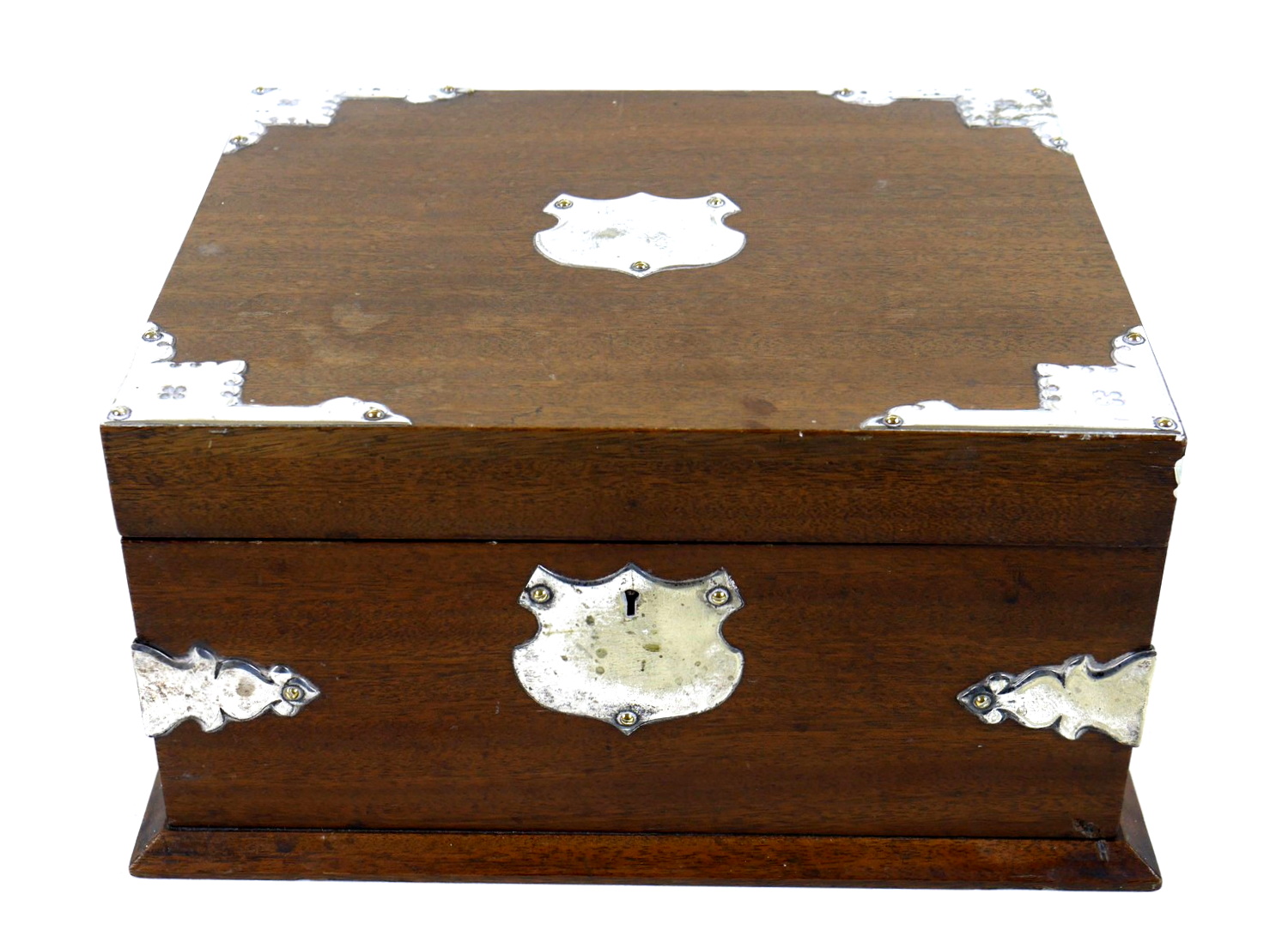 An early to mid 20th century tea caddy, fitted interior with brown velvet lining to underside of