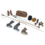 A collection of vintage leisure related items, including a fishing spear, a pair of Fortnum &