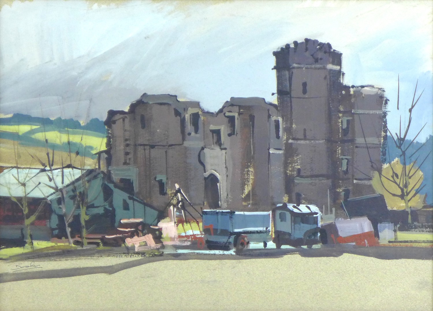 Donald Bosher (British, 1912-1977): Landscape with mansion house and farm buildings, signed lower