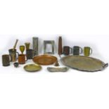 A collection of assorted metal wares, including a Chinese bronzed medal photograph frame mount, with