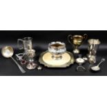 A collection of Victorian and later silver plated items including a square plated salver with