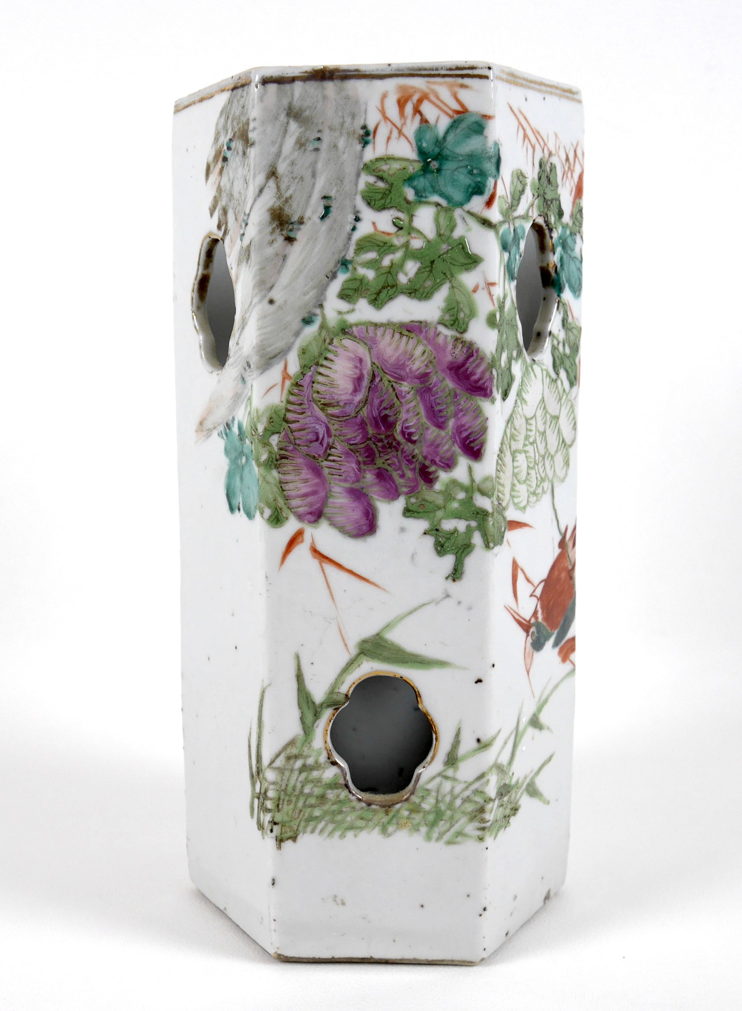 A Chinese Republic porcelain vase, of hexagonal section with reticulated sides, decorated with - Image 3 of 12