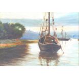 John C. Gray (Scottish, circa 1880-1945): boats on a river, signed lower left, oil on board, 16.5 by