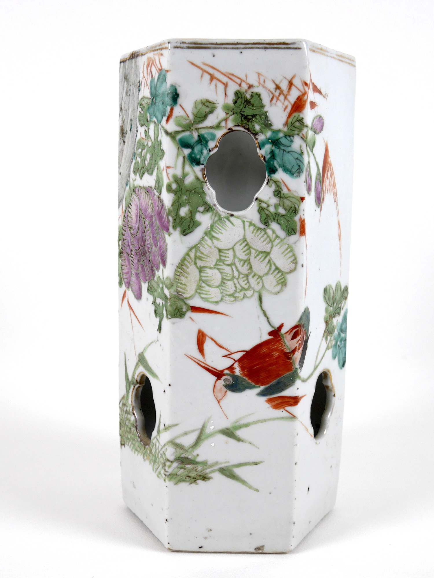 A Chinese Republic porcelain vase, of hexagonal section with reticulated sides, decorated with - Image 4 of 12