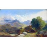 British School (19th century): mountainous landscape scene, depicting a woman driving cattle by a