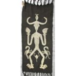 Sumba hanging of raw cotton embellished with cowrie shells, nassa, showing a woman with scorpion and