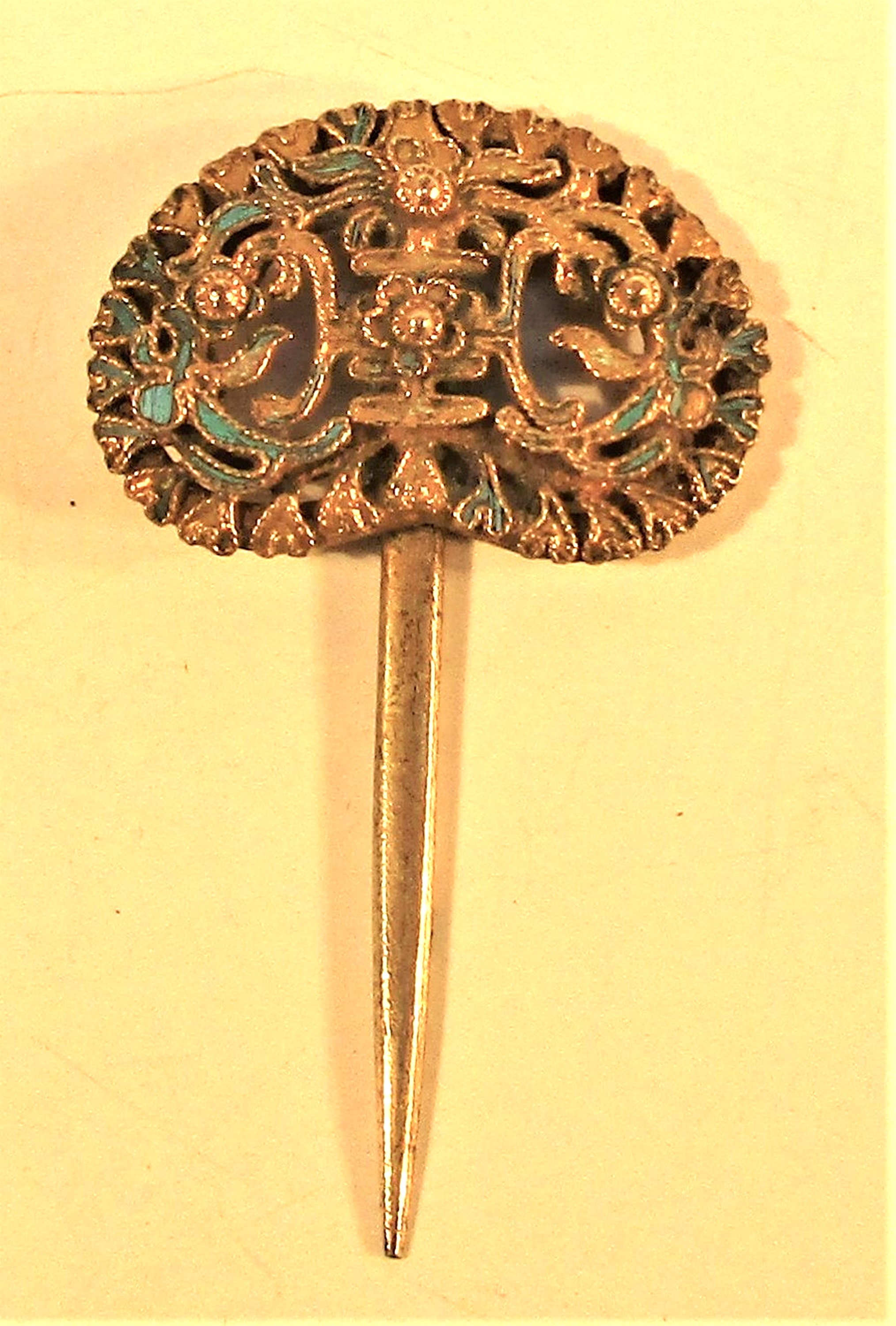 Antique Mandarin Chinese hair or hat pin in gold wash. The small blue areas are king fisher