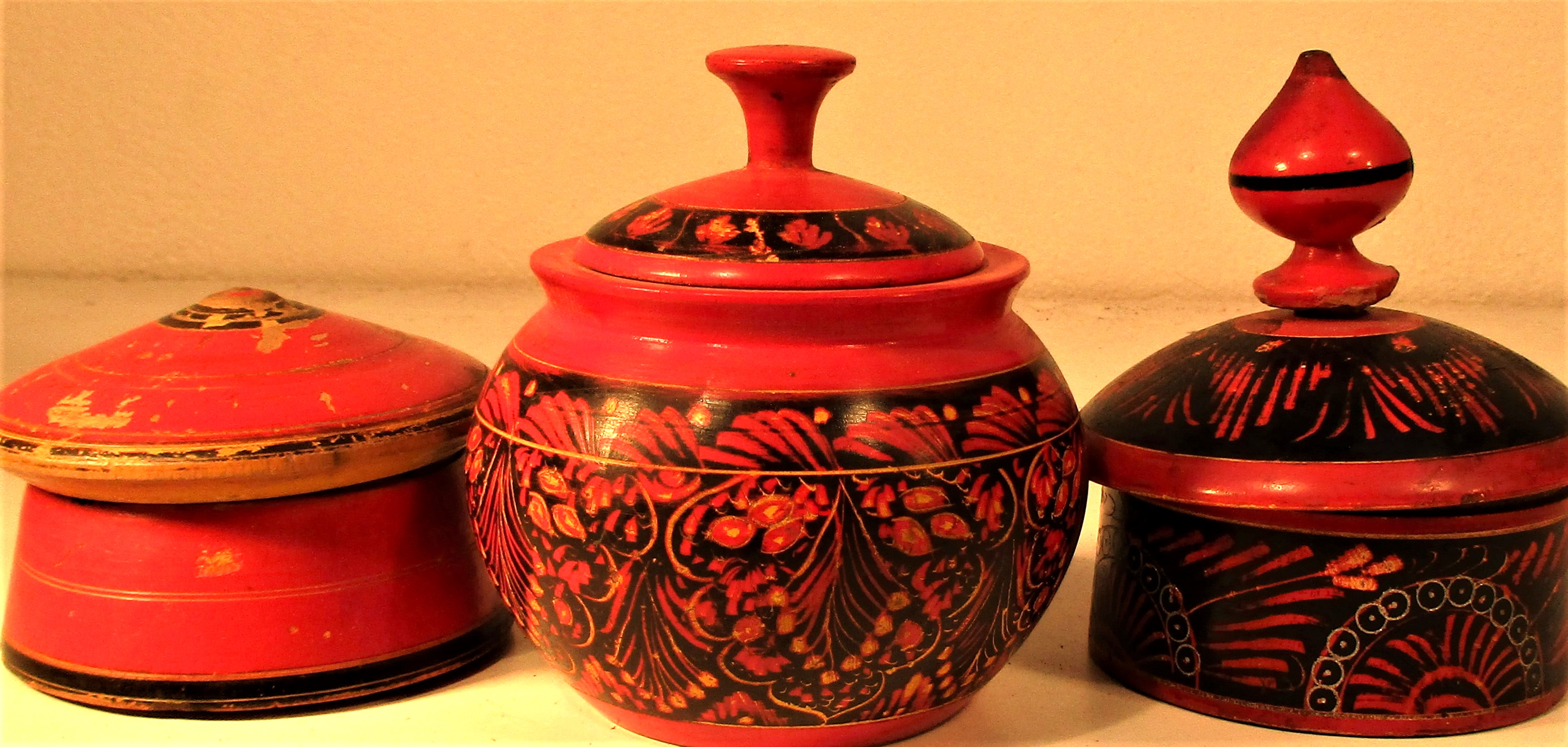 3 Spice boxes from Jalalabad, Afghanistan. 10 x 111cm., 9 x10 9cm. & 10 x 7cm. Late 20th c.